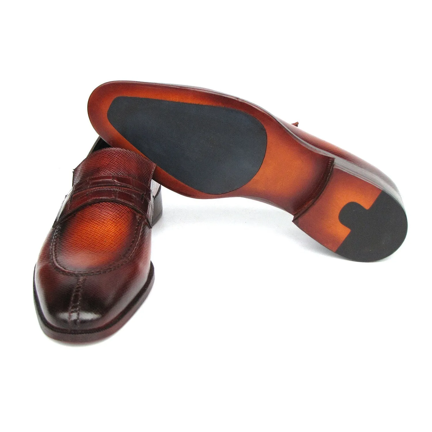 Paul Parkman 694TB25 Men's Shoes Brown Hand-Painted Leather Split To Penny Loafers (PM6396)