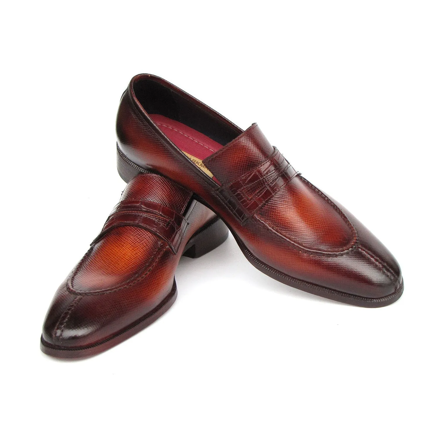 Paul Parkman 694TB25 Men's Shoes Brown Hand-Painted Leather Split To Penny Loafers (PM6396)