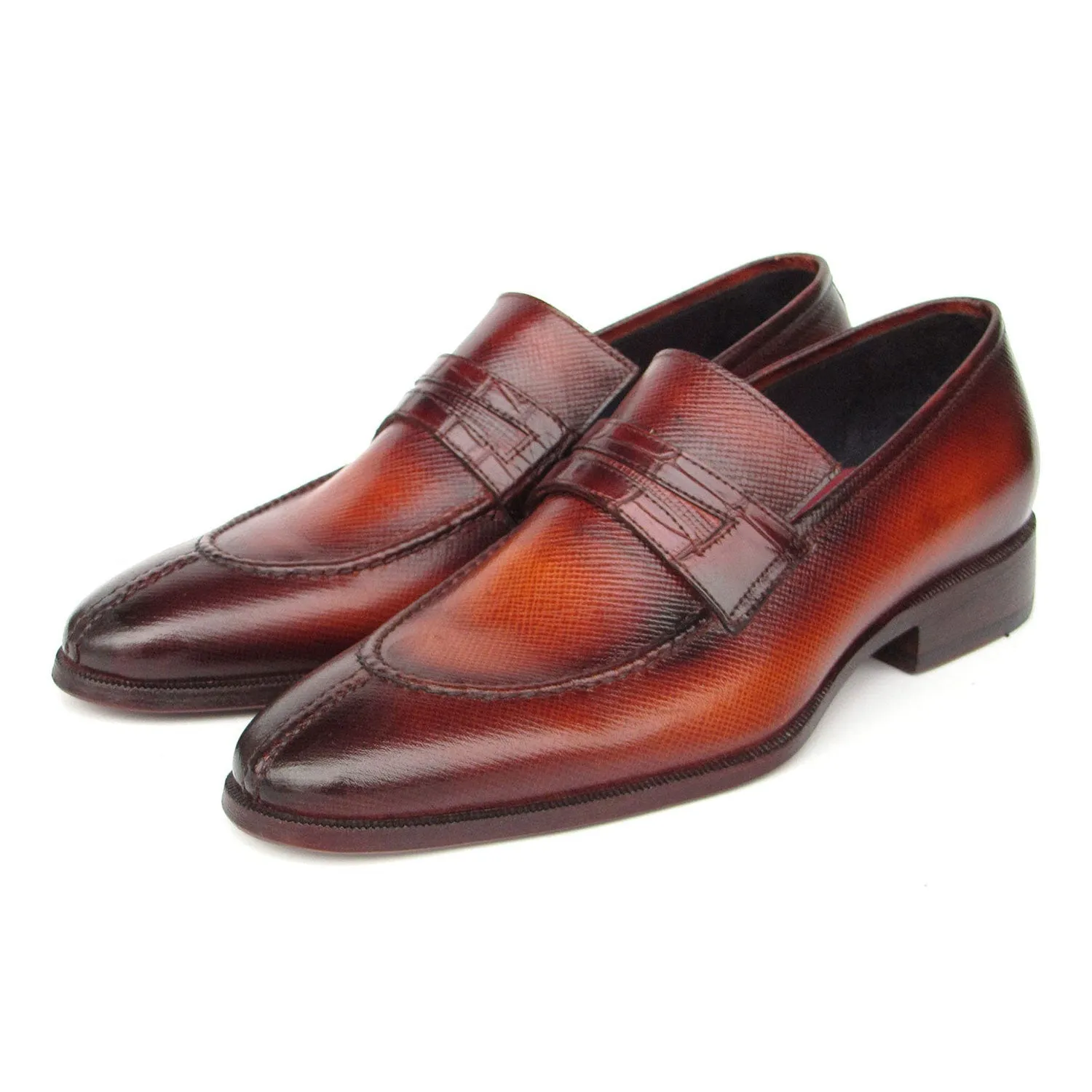 Paul Parkman 694TB25 Men's Shoes Brown Hand-Painted Leather Split To Penny Loafers (PM6396)