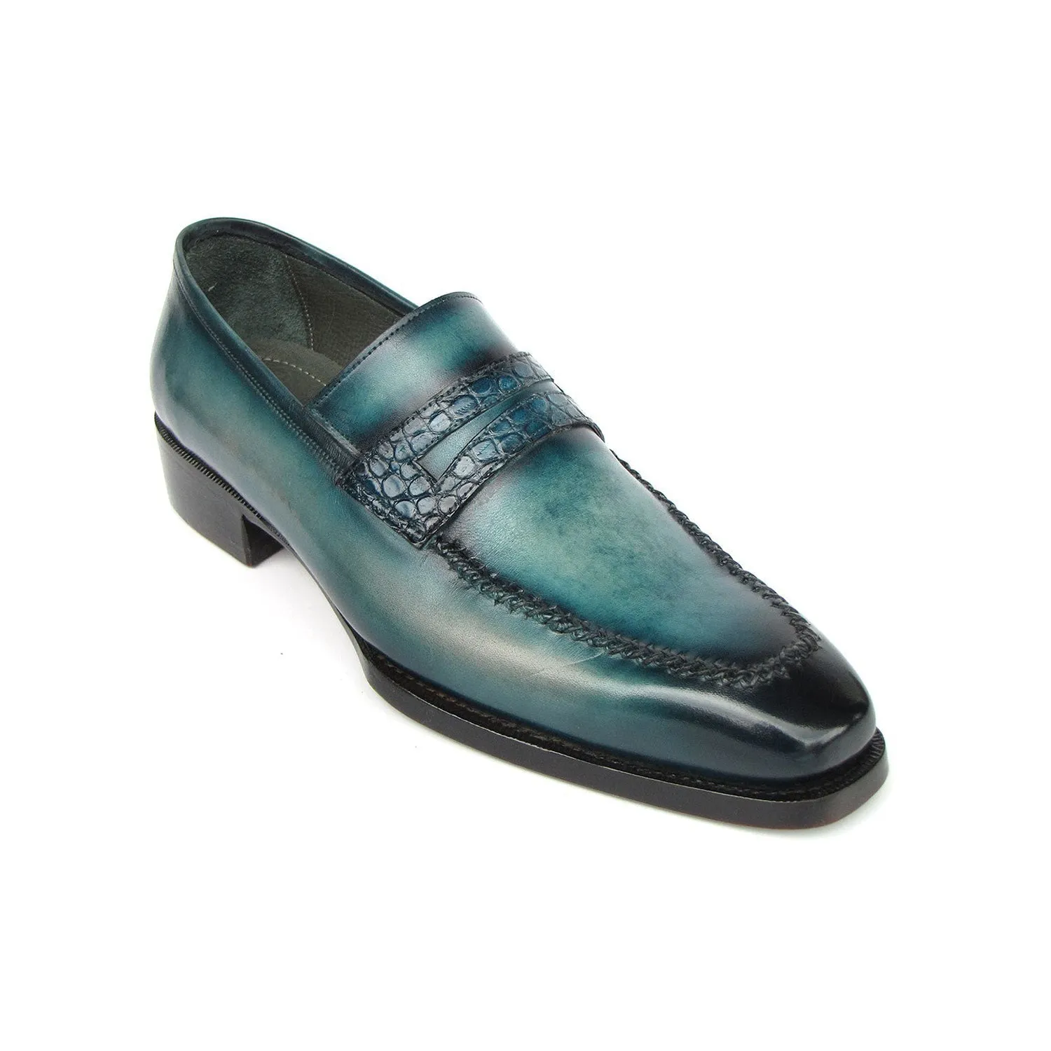 Paul Parkman 76944-TRQ Men's Shoes Turquoise Patina Leather Penny Loafers (PM6418)