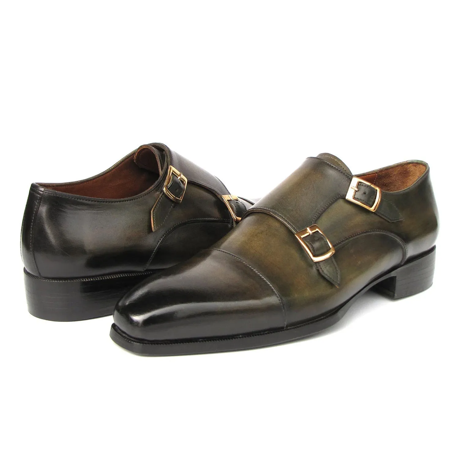 Paul Parkman 9468-GRN Men's Shoes Green Calf-Skin Leather Monk-Straps Loafers (PM6416)