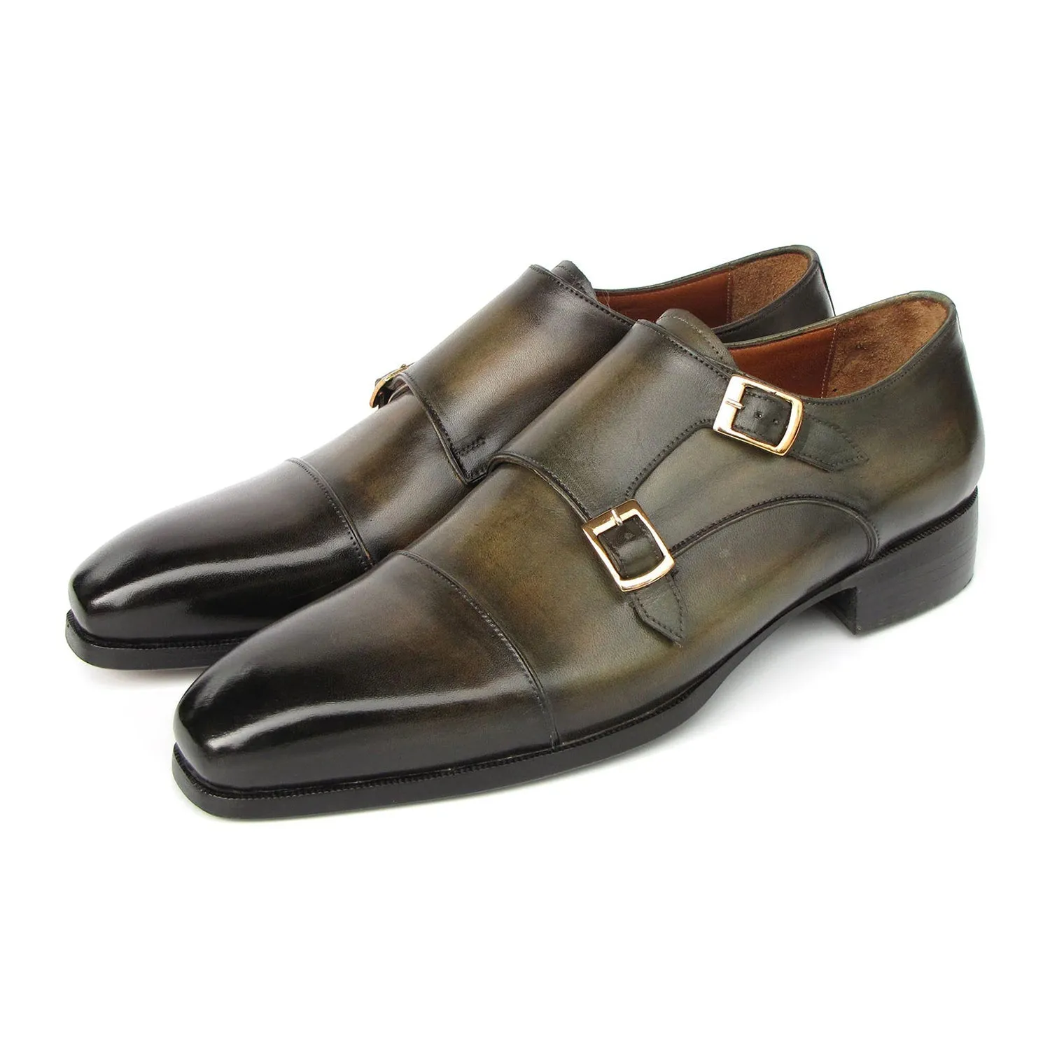 Paul Parkman 9468-GRN Men's Shoes Green Calf-Skin Leather Monk-Straps Loafers (PM6416)