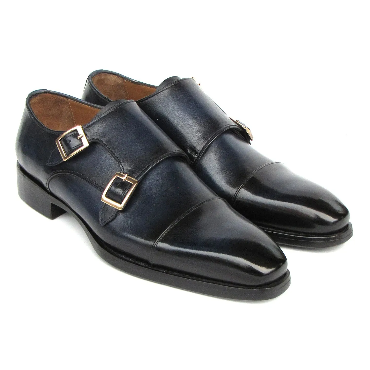 Paul Parkman 9468-NVY Men's Shoes Navy Calf-Skin Leather Monk-Straps Loafers (PM6415)