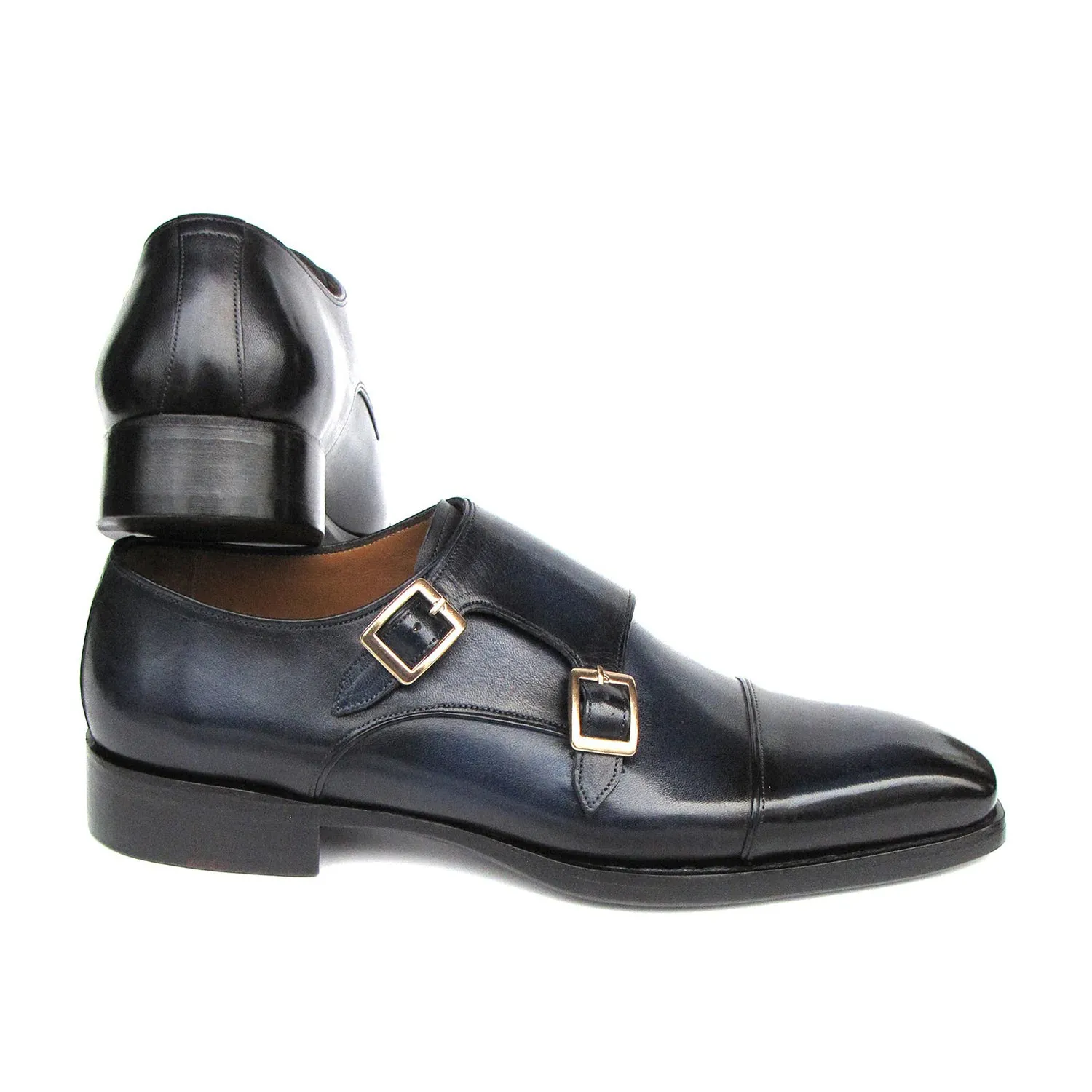 Paul Parkman 9468-NVY Men's Shoes Navy Calf-Skin Leather Monk-Straps Loafers (PM6415)