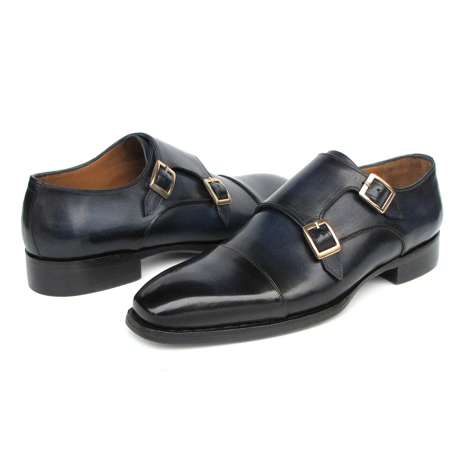 Paul Parkman 9468-NVY Men's Shoes Navy Calf-Skin Leather Monk-Straps Loafers (PM6415)