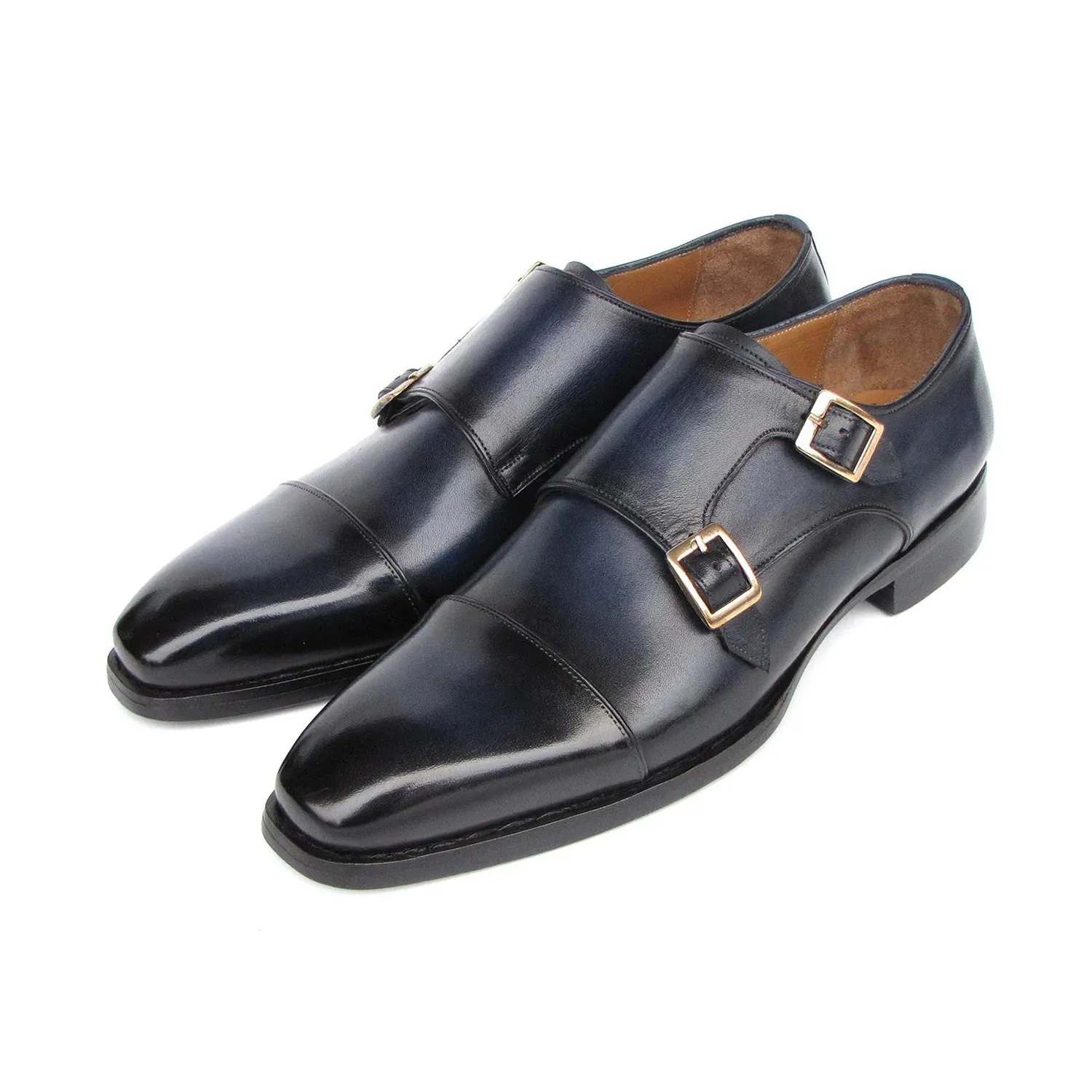 Paul Parkman 9468-NVY Men's Shoes Navy Calf-Skin Leather Monk-Straps Loafers (PM6415)