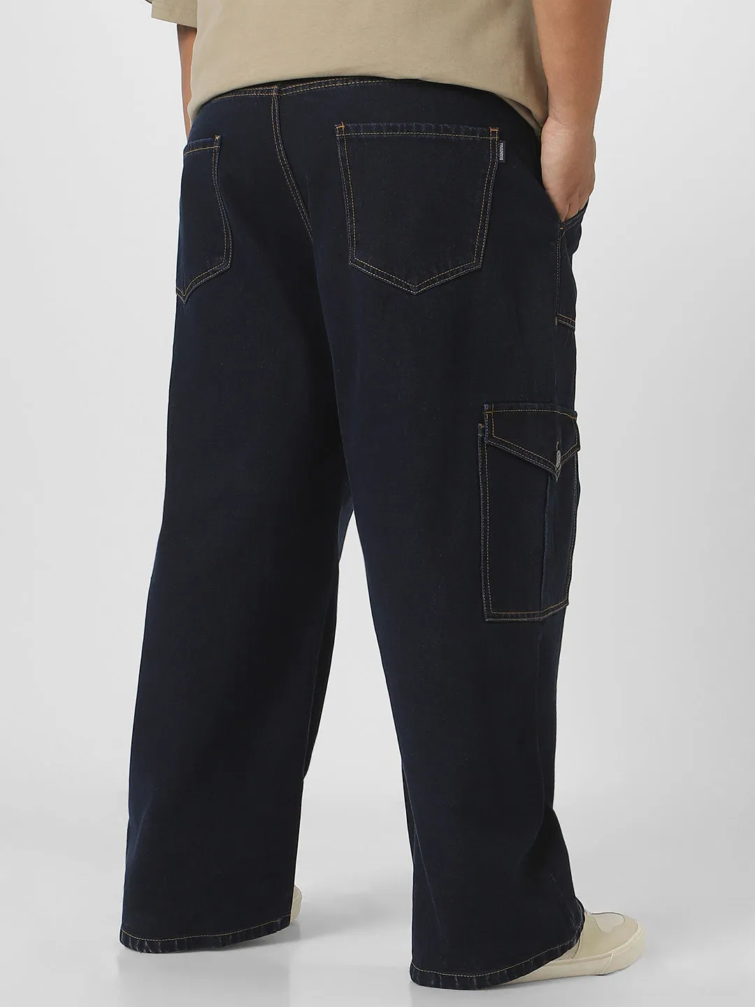 Plus Men's Dark Blue Loose Baggy Fit Cargo Jeans with 6 Pockets Non-Stretchable