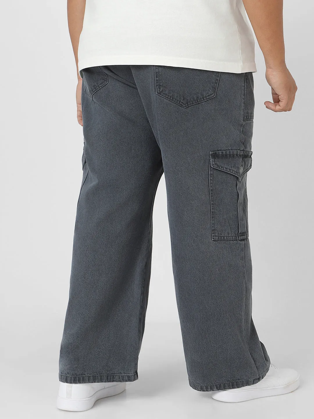 Plus Men's Grey Loose Baggy Fit Cargo Jeans with 6 Pockets Non-Stretchable