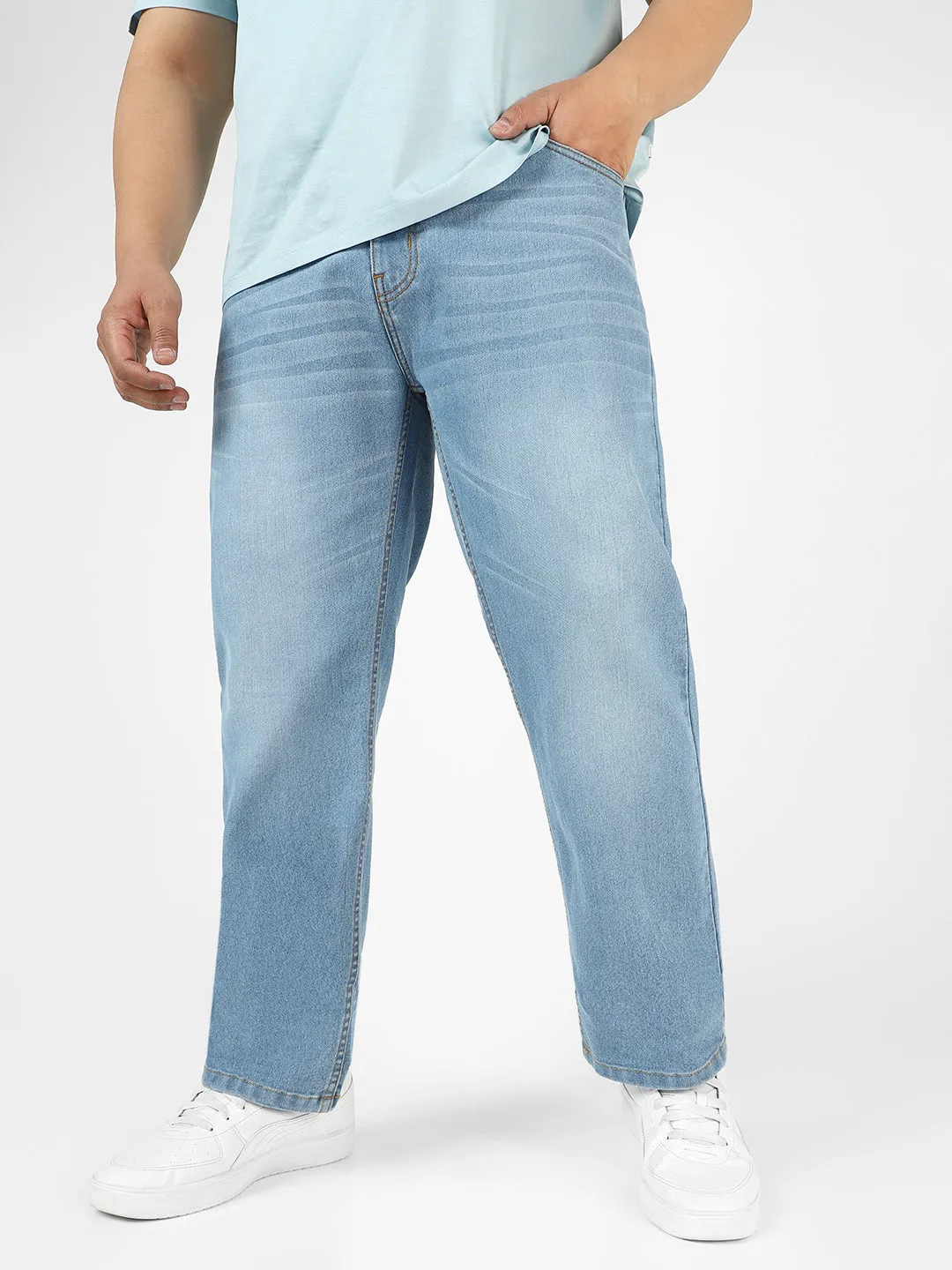 Plus Men's Light Blue Regular Fit Washed Jeans Stretchable