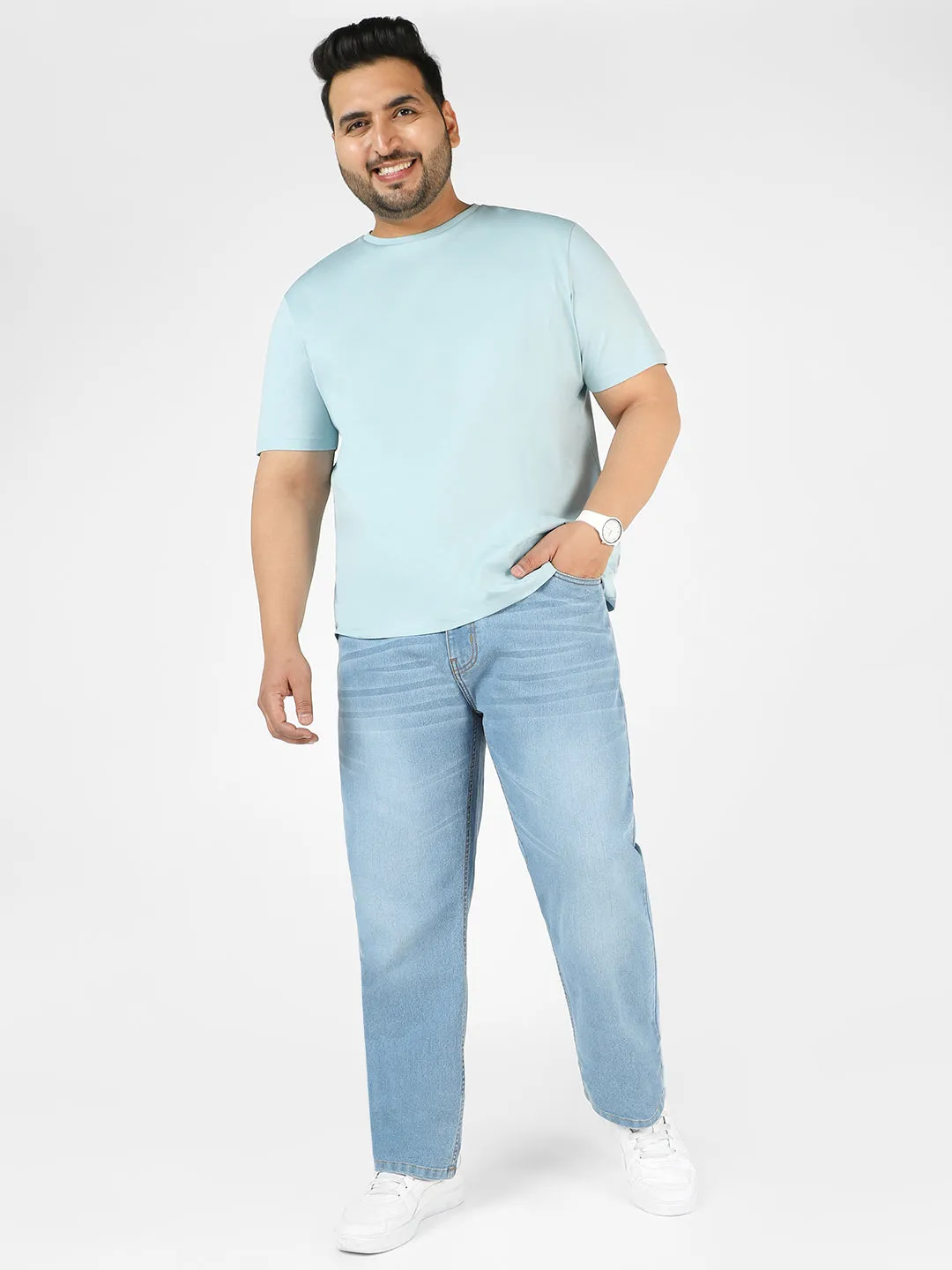 Plus Men's Light Blue Regular Fit Washed Jeans Stretchable