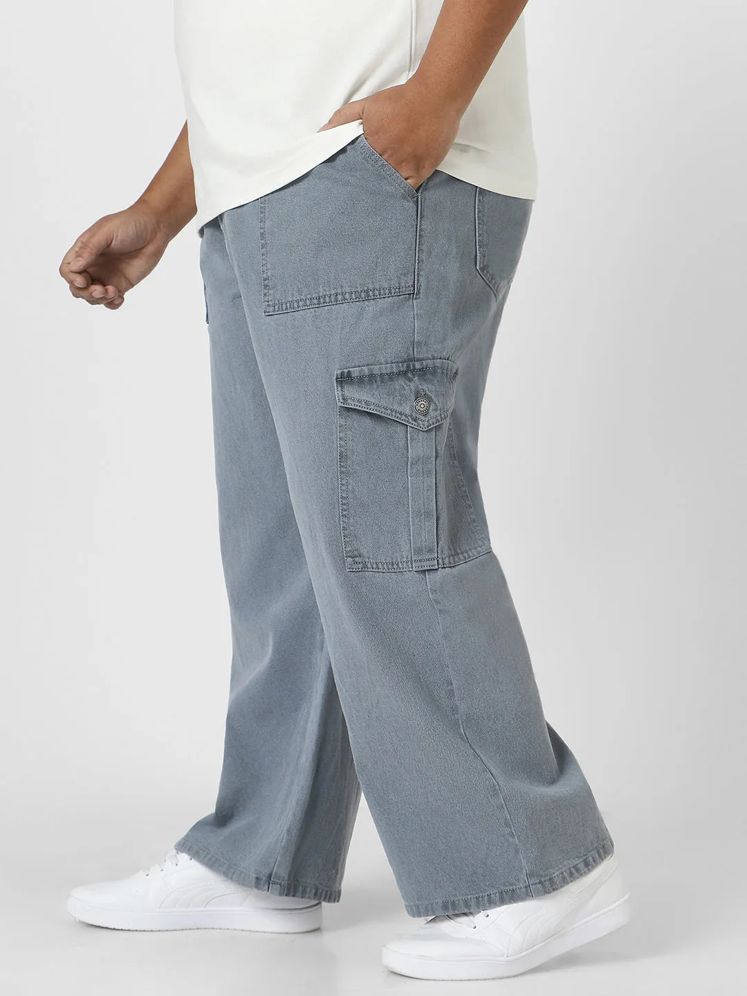 Plus Men's Light Grey Loose Baggy Fit Cargo Jeans with 6 Pockets Non-Stretchable