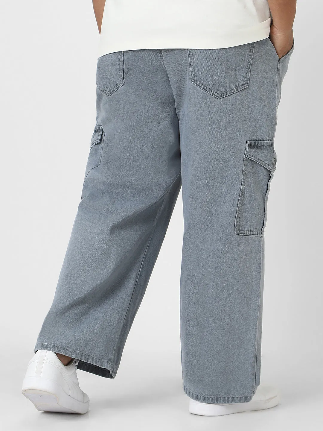 Plus Men's Light Grey Loose Baggy Fit Cargo Jeans with 6 Pockets Non-Stretchable