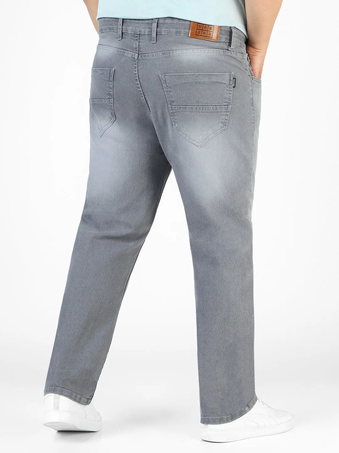 Plus Men's Light Grey Regular Fit Washed Jeans Stretchable