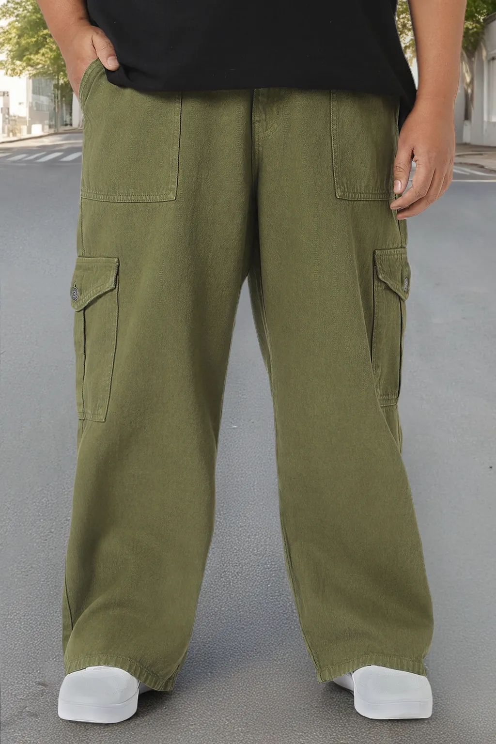 Plus Men's Olive Green Loose Baggy Fit Cargo Jeans with 6 Pockets Non-Stretchable