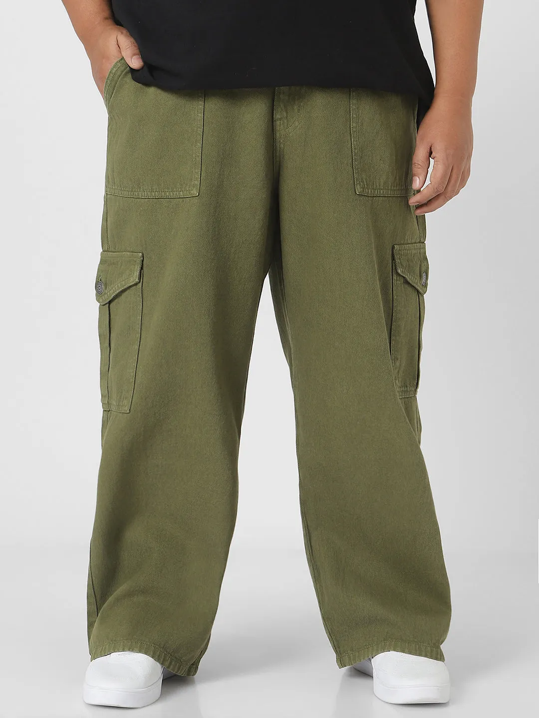 Plus Men's Olive Green Loose Baggy Fit Cargo Jeans with 6 Pockets Non-Stretchable