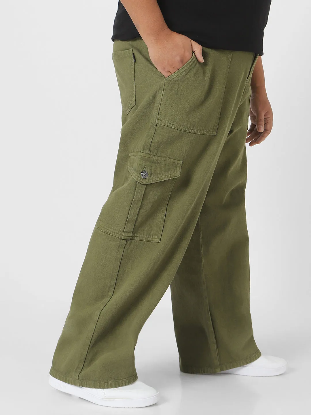 Plus Men's Olive Green Loose Baggy Fit Cargo Jeans with 6 Pockets Non-Stretchable