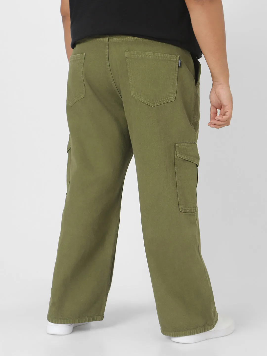 Plus Men's Olive Green Loose Baggy Fit Cargo Jeans with 6 Pockets Non-Stretchable