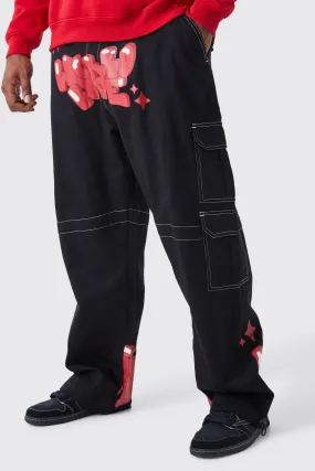 Plus Relaxed Cargo Graffiti Print Pants