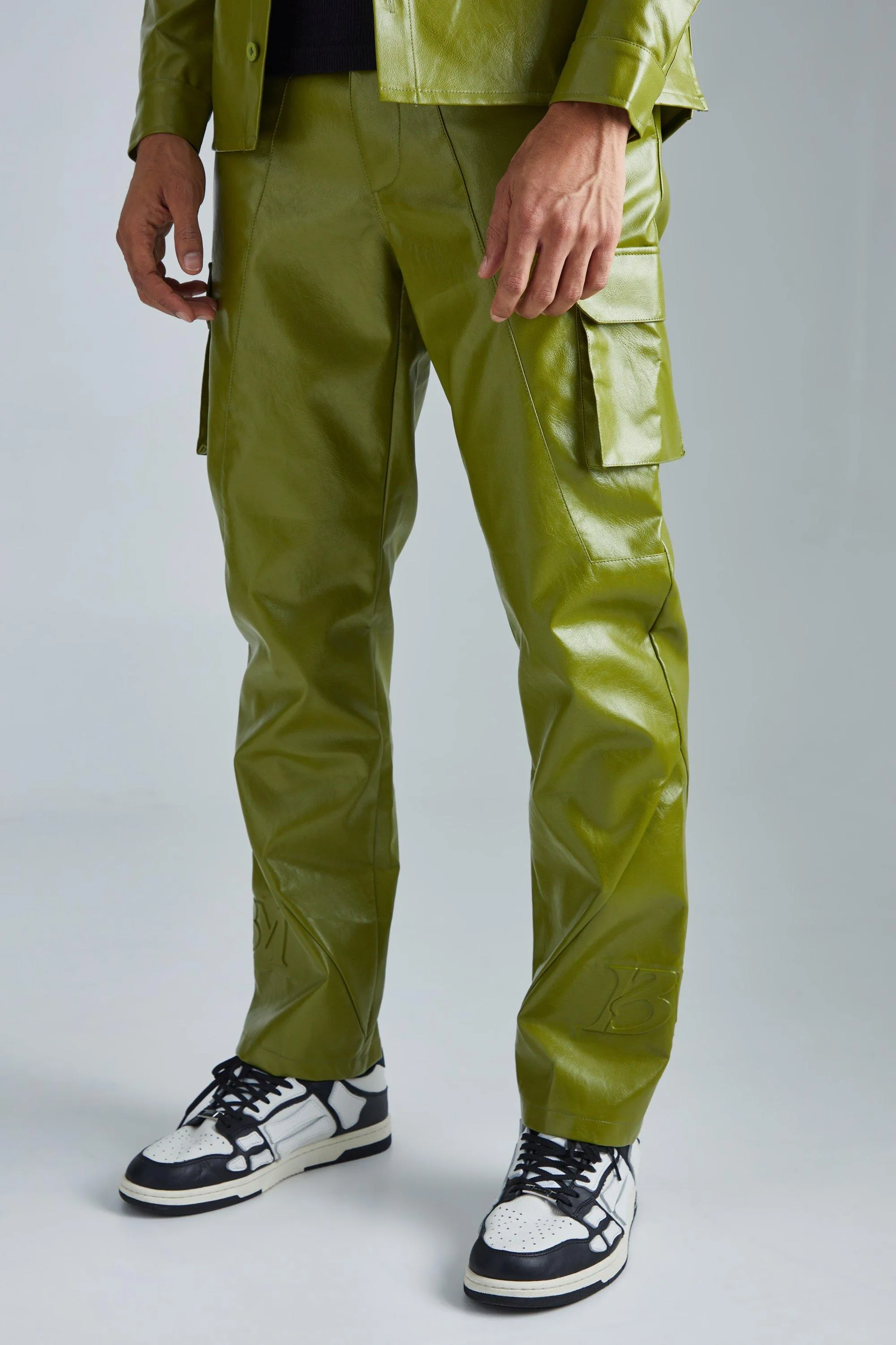 Pu Straight Leg Fixed Waist Embossed Cargo Pants