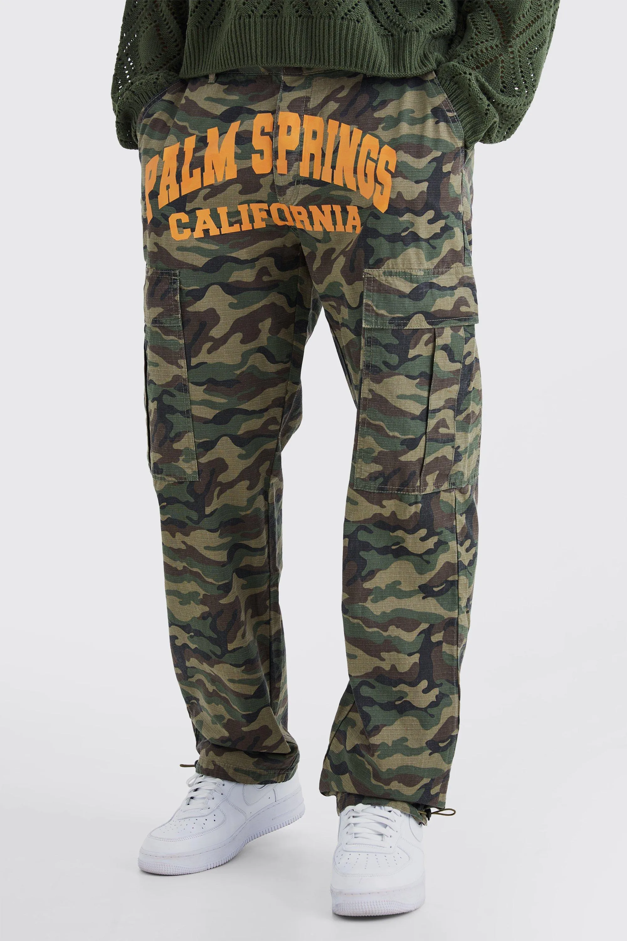 Relaxed Cargo Varsity Slogan Print Camo Pants