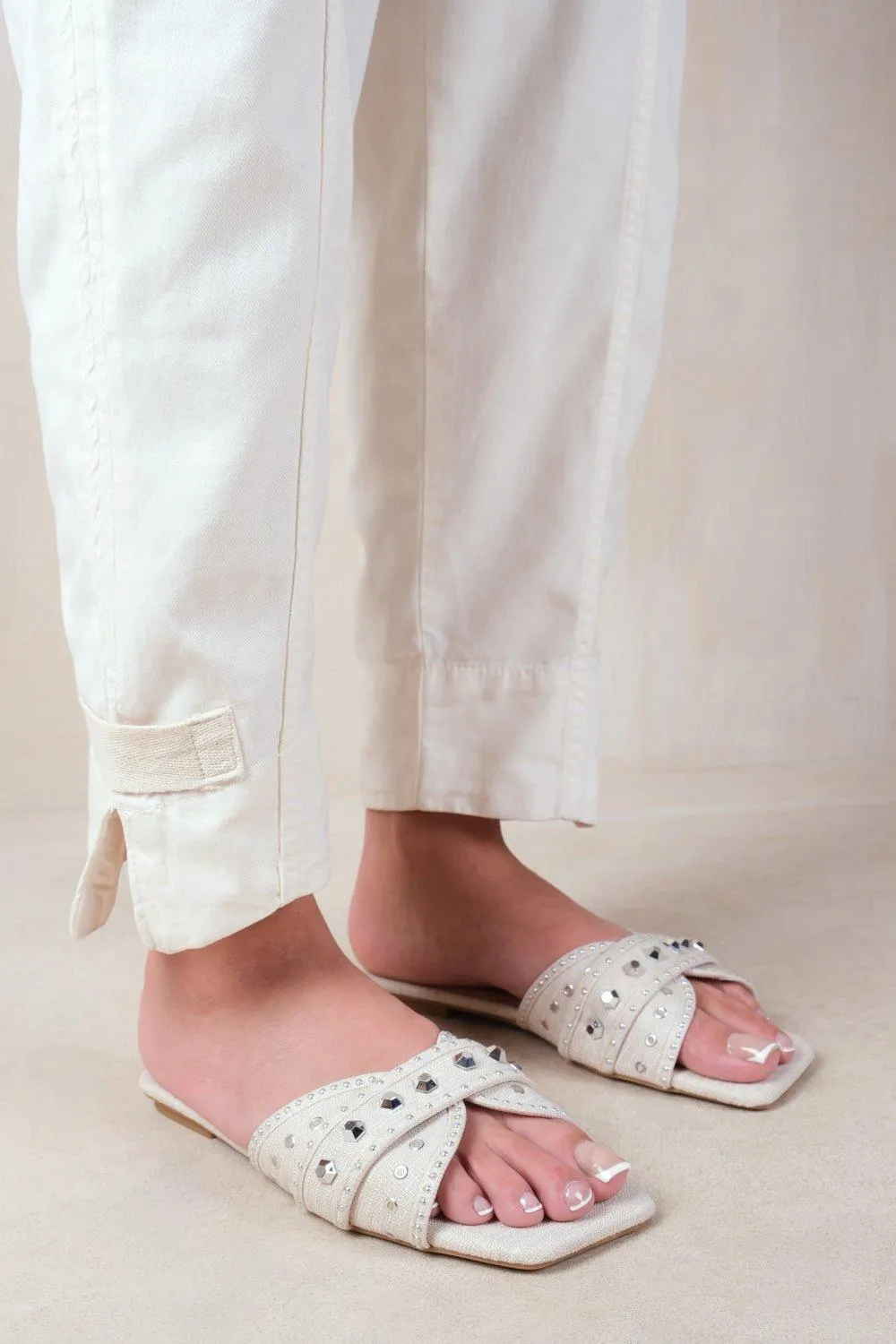 Sandals | 'Saturn' Double Cross Over Strap Flat Sandals With Stud Details | Where's That From