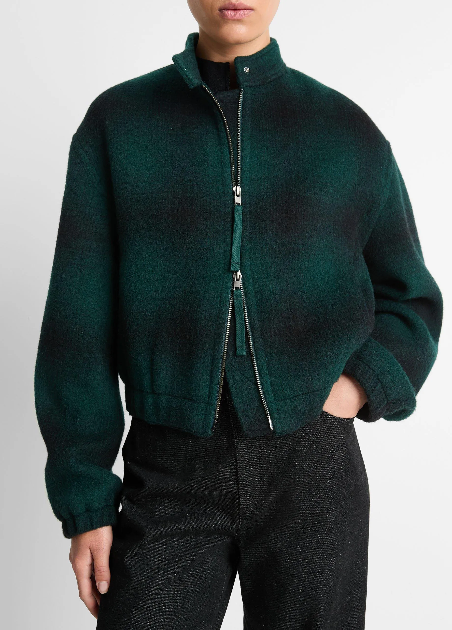 Shadow Plaid Italian Wool-Blend Bomber Jacket