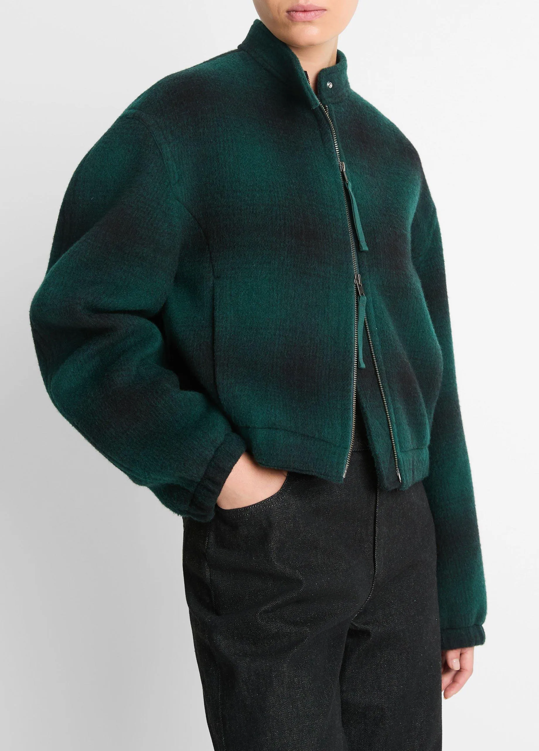 Shadow Plaid Italian Wool-Blend Bomber Jacket