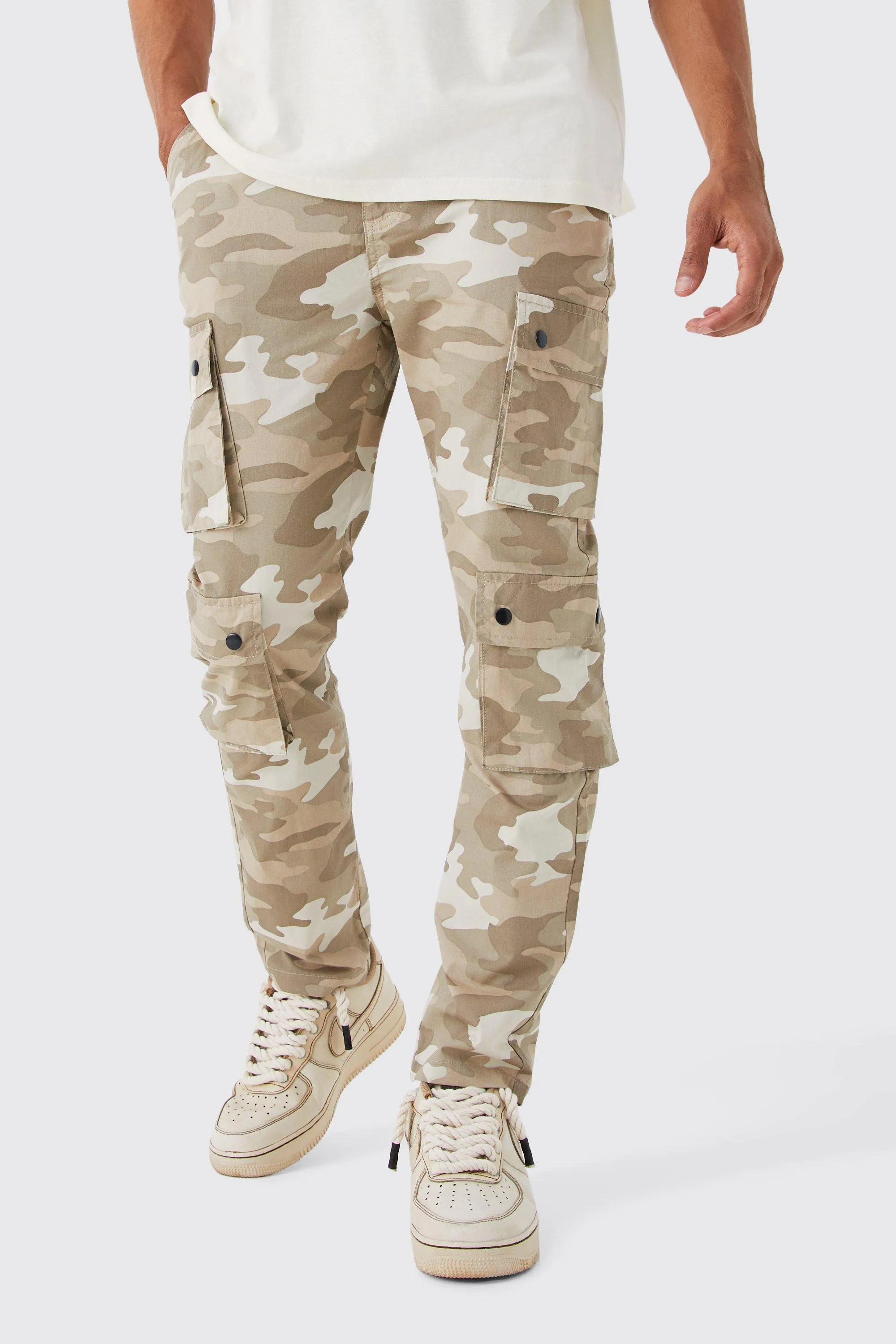 Slim Fit Multi Popper Cargo Camo Pants