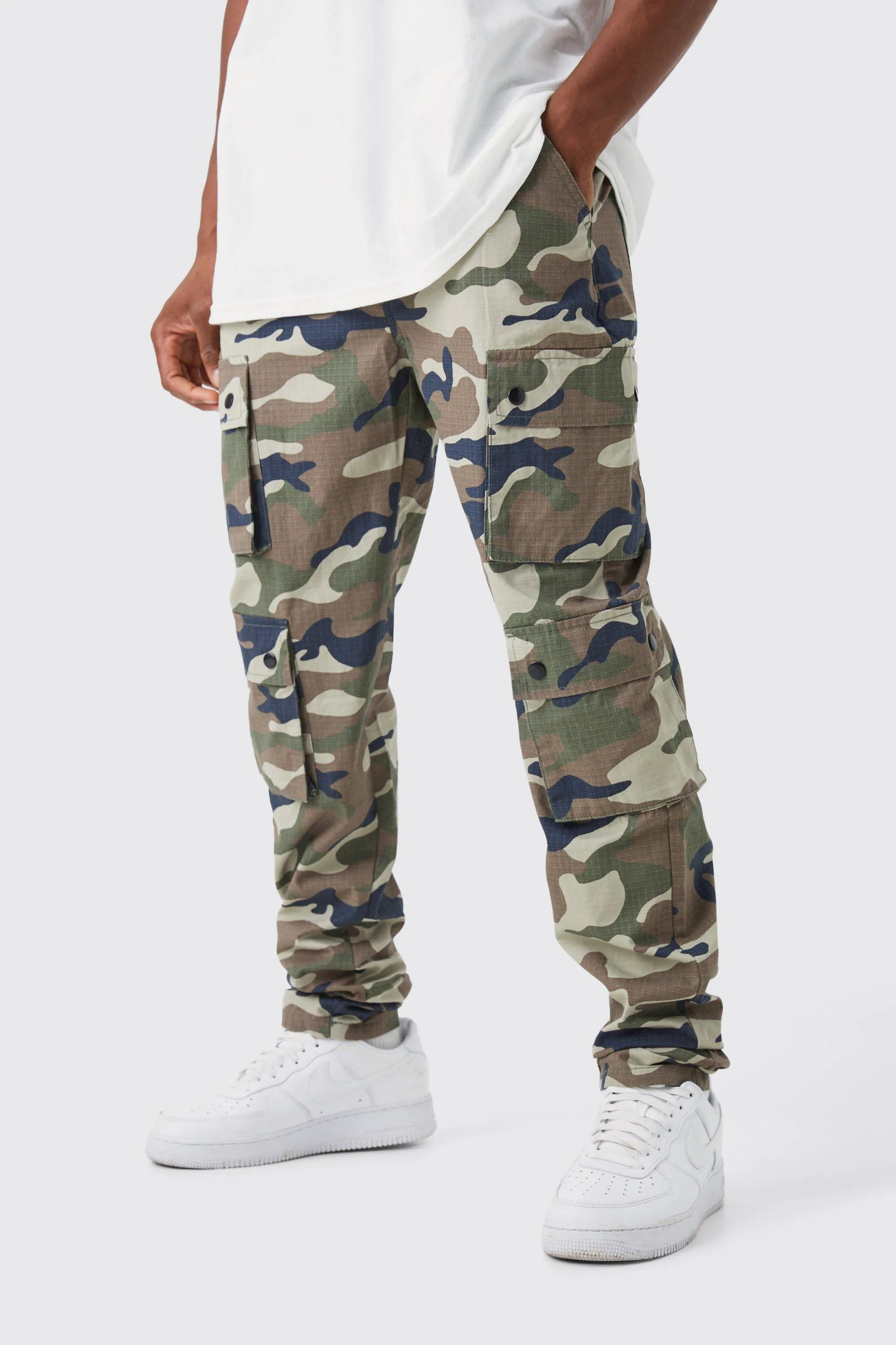 Slim Stacked Multi Popper Cargo Camo Pants