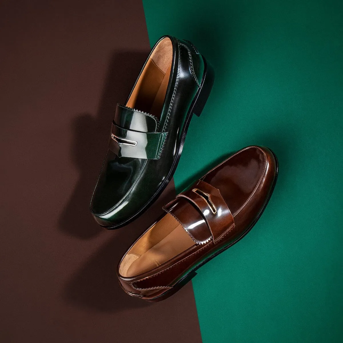 SUPERGLAMOUROUS Balmoral Men's Shoes Green Polished Leather Penny Loafers (SPGM1271)