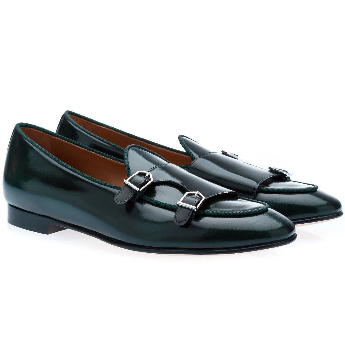 SUPERGLAMOUROUS Tangerine 7 Brushed Men's Shoes Green Polished Leather Belgian Loafers (SPGM1155)