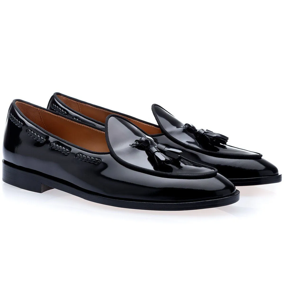 SUPERGLAMOUROUS Tangerine 8 Brushed Men's Shoes Black Polished Leather Belgian Loafers (SPGM1152)