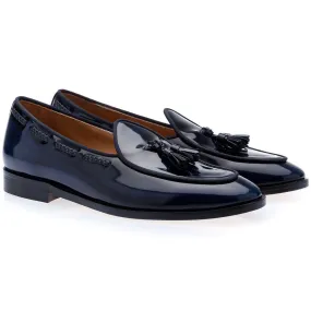 SUPERGLAMOUROUS Tangerine 8 Brushed Men's Shoes Navy Polished Leather Belgian Loafers (SPGM1154)