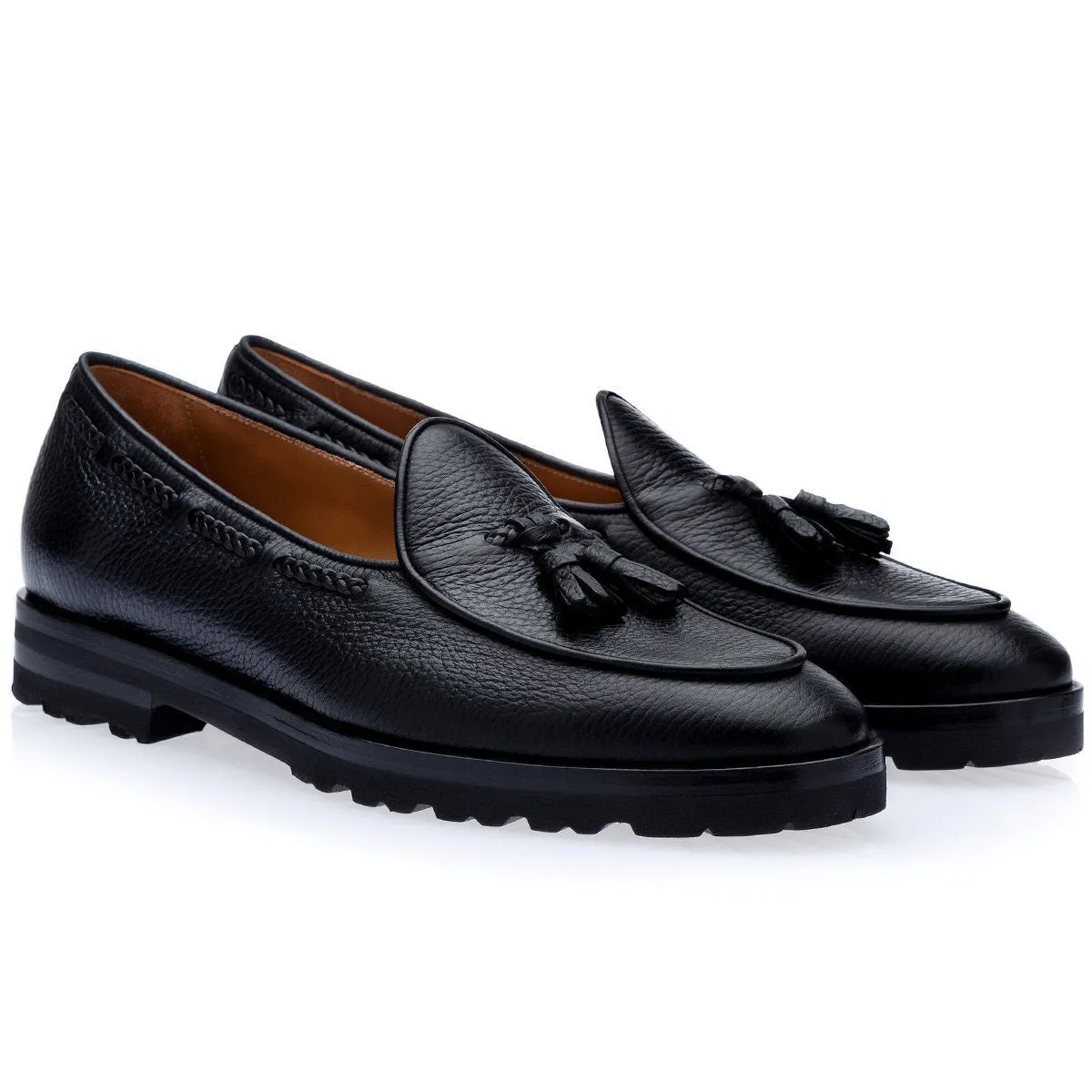 SUPERGLAMOUROUS TANGERINE 8-T Men's Shoes Black Deerskin Leather Belgian Loafers (SPGM1142)