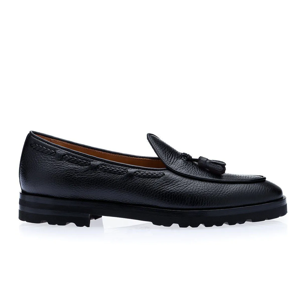 SUPERGLAMOUROUS TANGERINE 8-T Men's Shoes Black Deerskin Leather Belgian Loafers (SPGM1142)