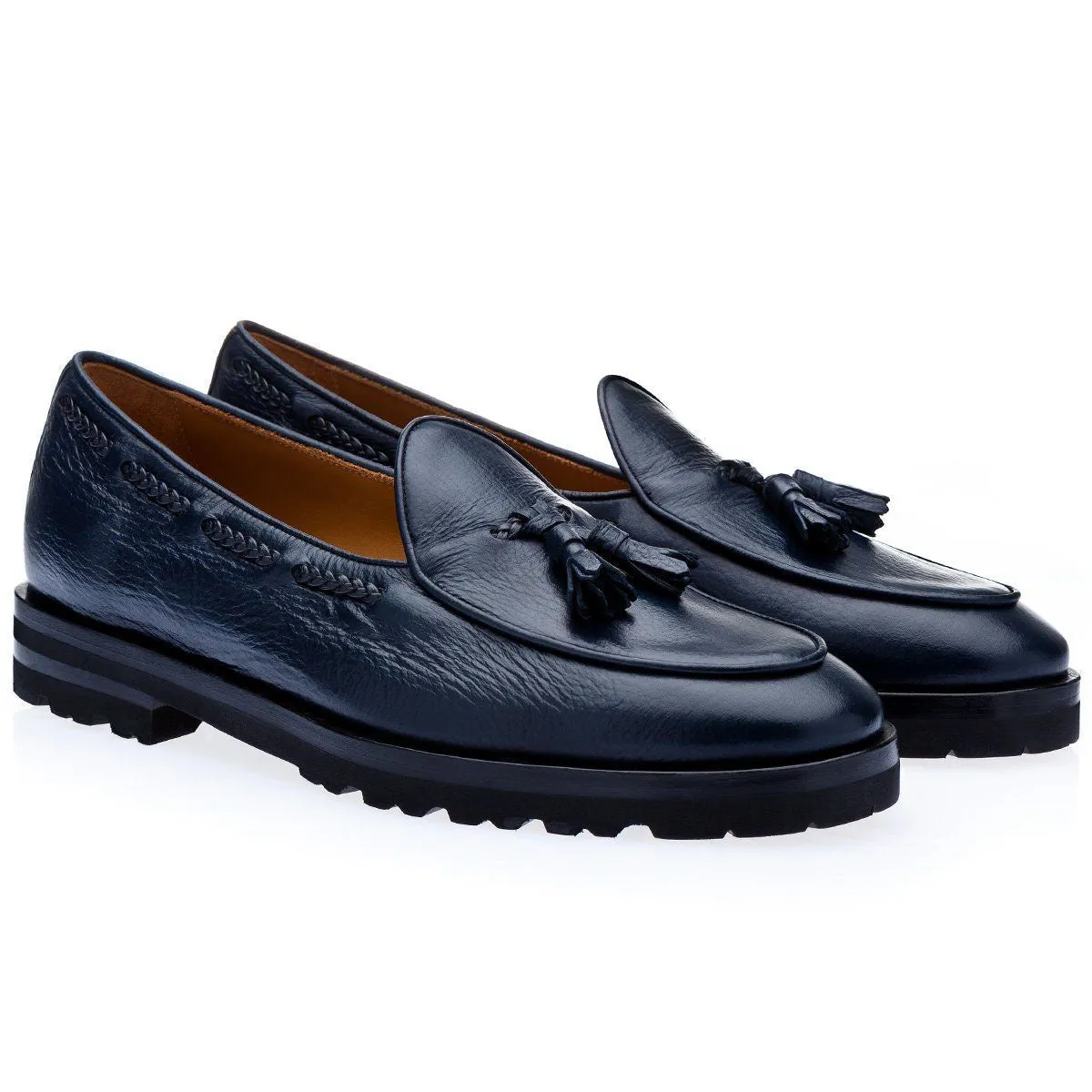 SUPERGLAMOUROUS TANGERINE 8-T Men's Shoes Navy Deerskin Leather Belgian Loafers (SPGM1143)