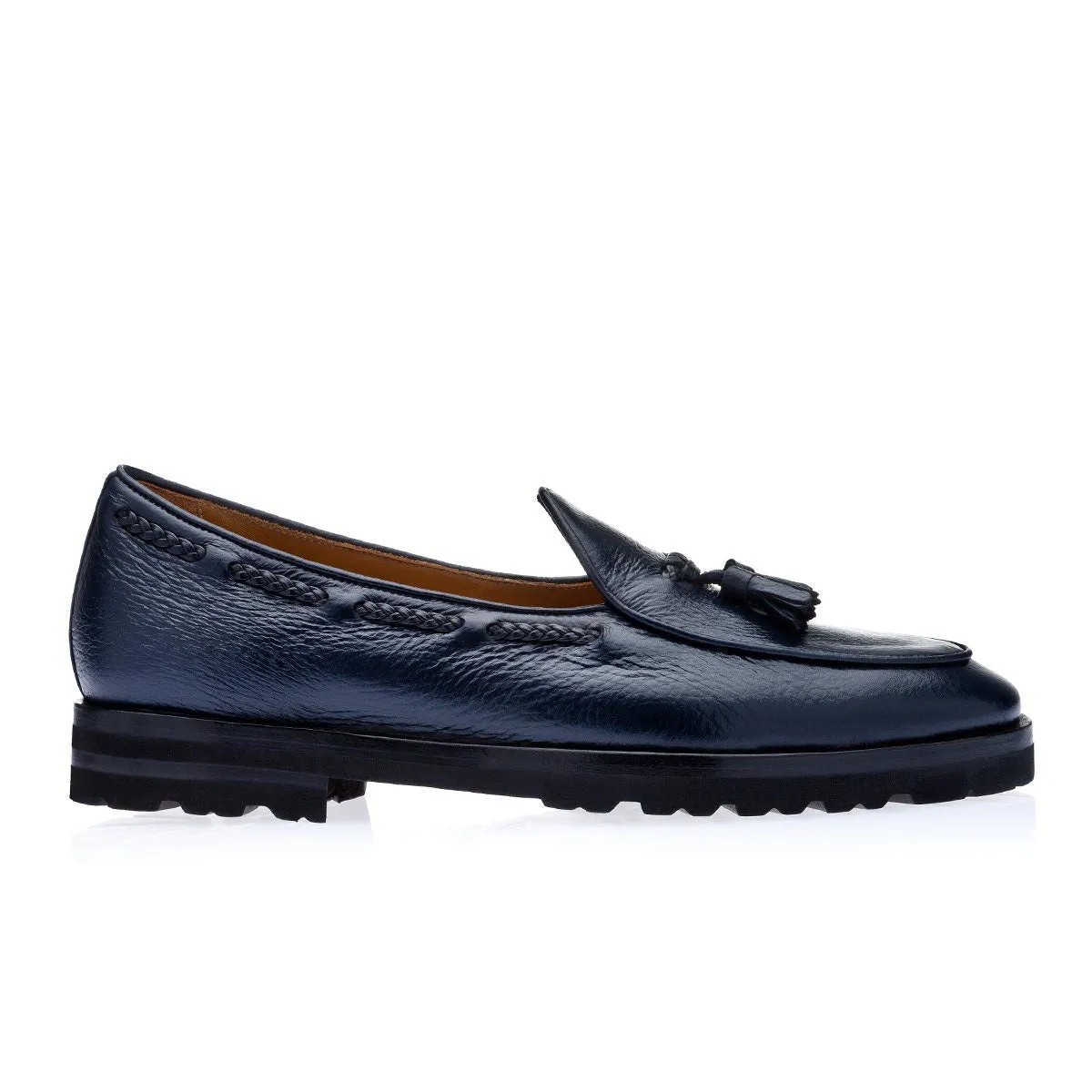 SUPERGLAMOUROUS TANGERINE 8-T Men's Shoes Navy Deerskin Leather Belgian Loafers (SPGM1143)