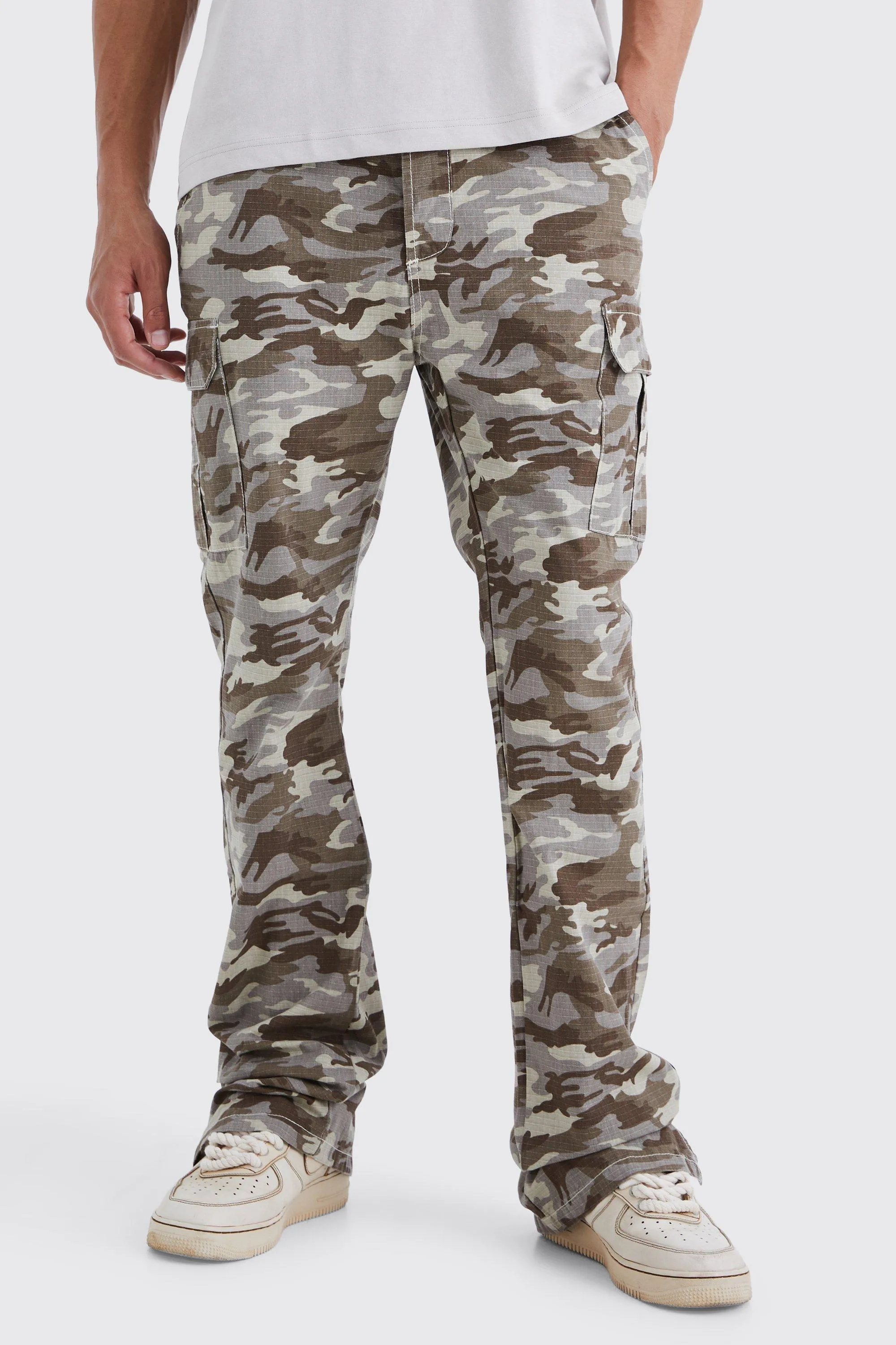 Tall Slim Stacked Ripstop Split Hem Cargo Camo Pants