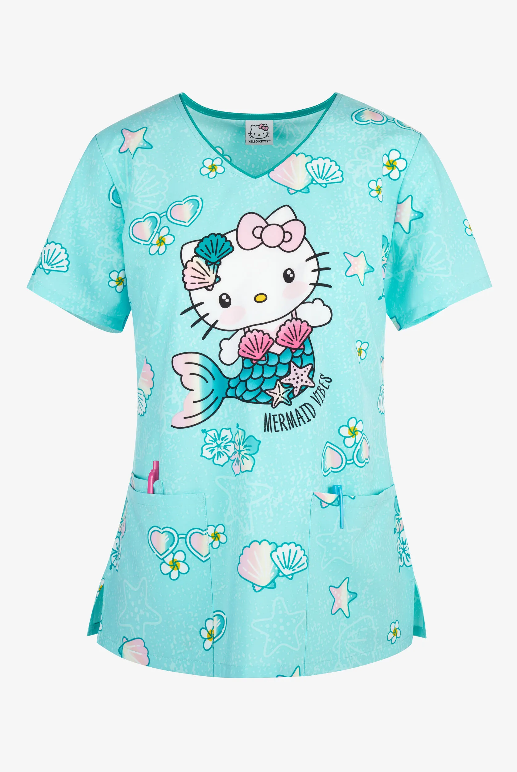 Tooniforms Hello Kitty Mermaid Women's 3-Pocket STRETCH V-Neck Print Scrub Top