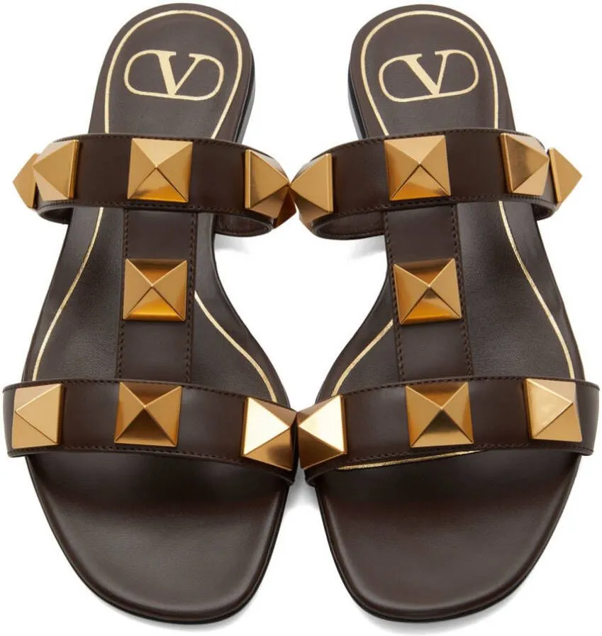 Valentino Garavani Brown Roman Stud Slide Sandals