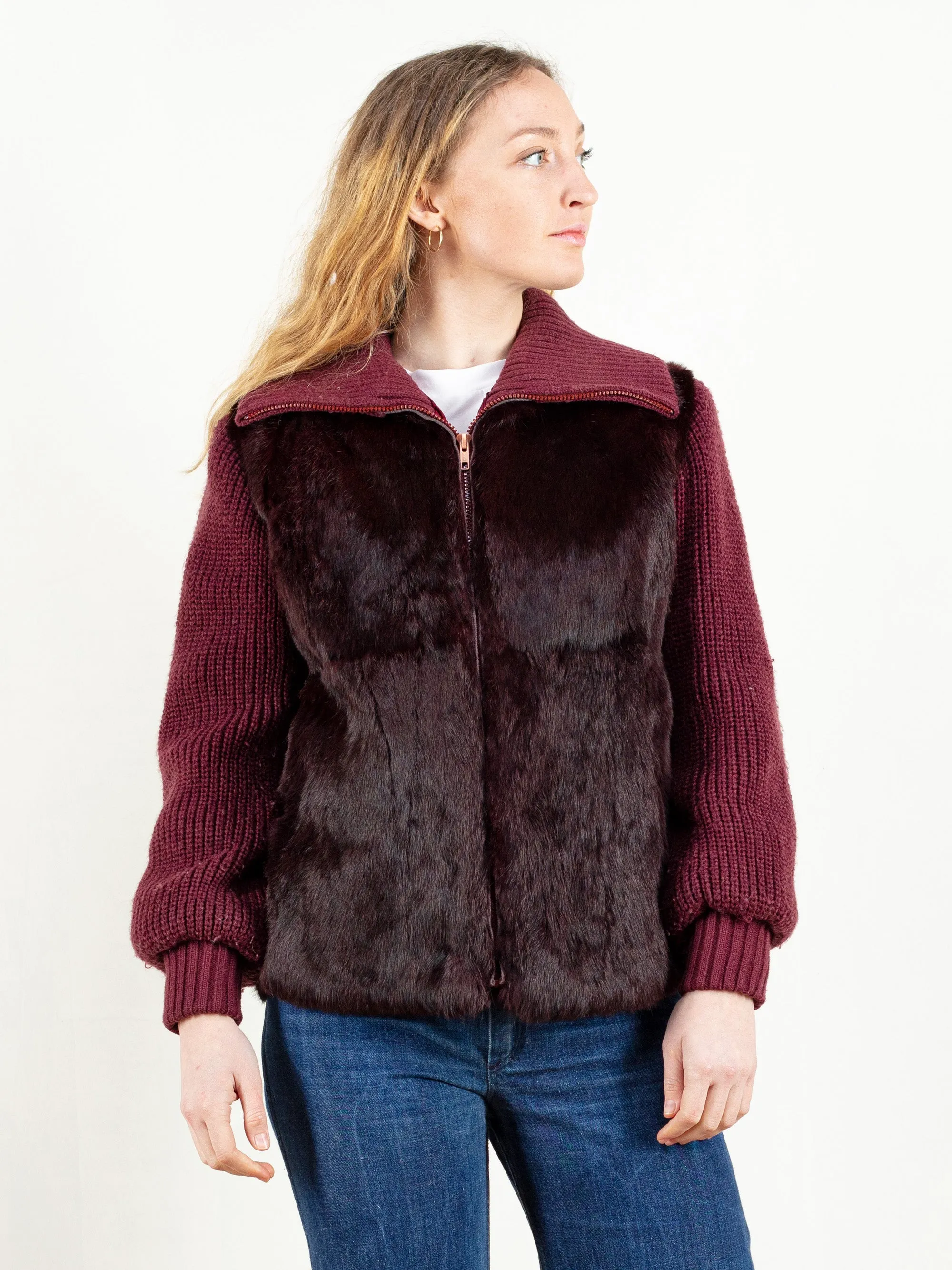 Vintage 70's Women Fur and Knit Cardigan