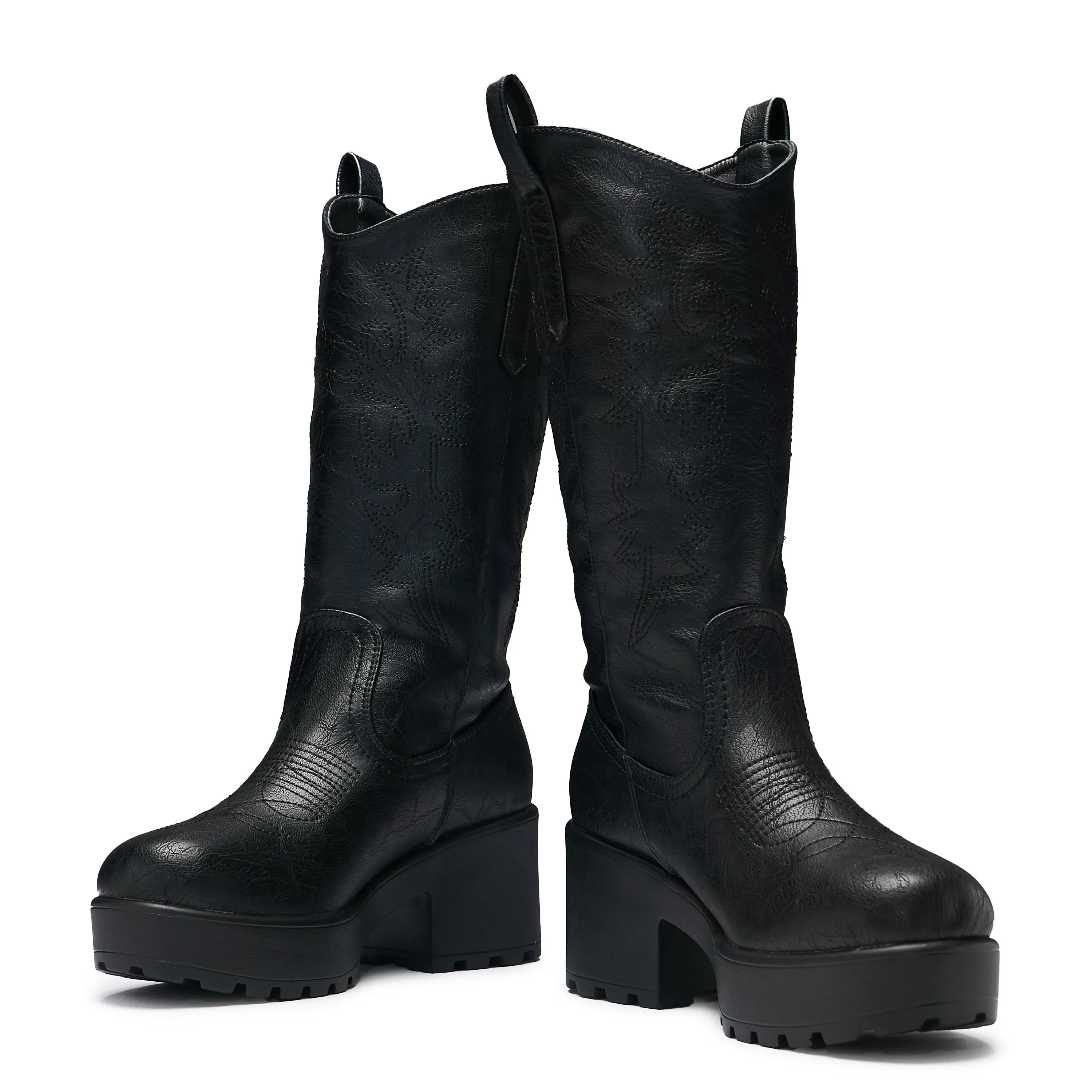 Wintu Long Chunky Western Boots - Vintage Black